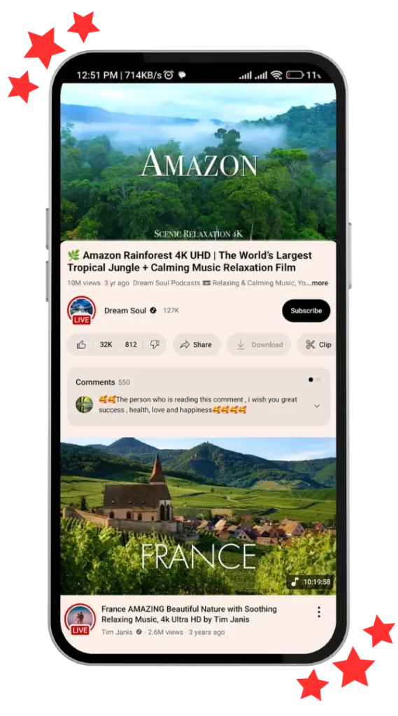 Enjoy smooth 4K travel and nature video streaming with YouTube Premium Mod APK without interruptions.